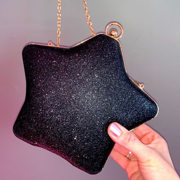 Handbags - Glitter Gold Sparkly Star Hard Shell Chain Crossbody Shoulder Purse Cocktail Bag